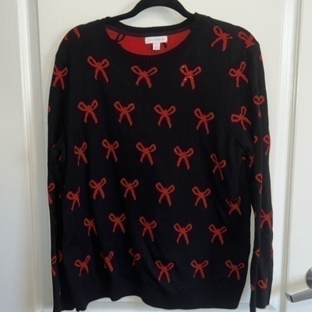 Charter club - HOLIDAY SWEATER black and red bow tie sweater - large petit